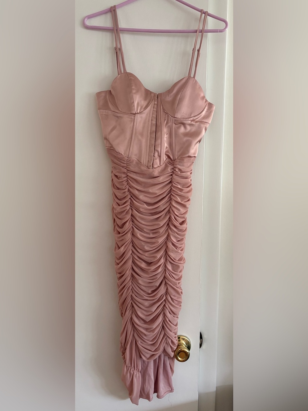 Zara Rose Satin Ruched Bustier Midi Dress